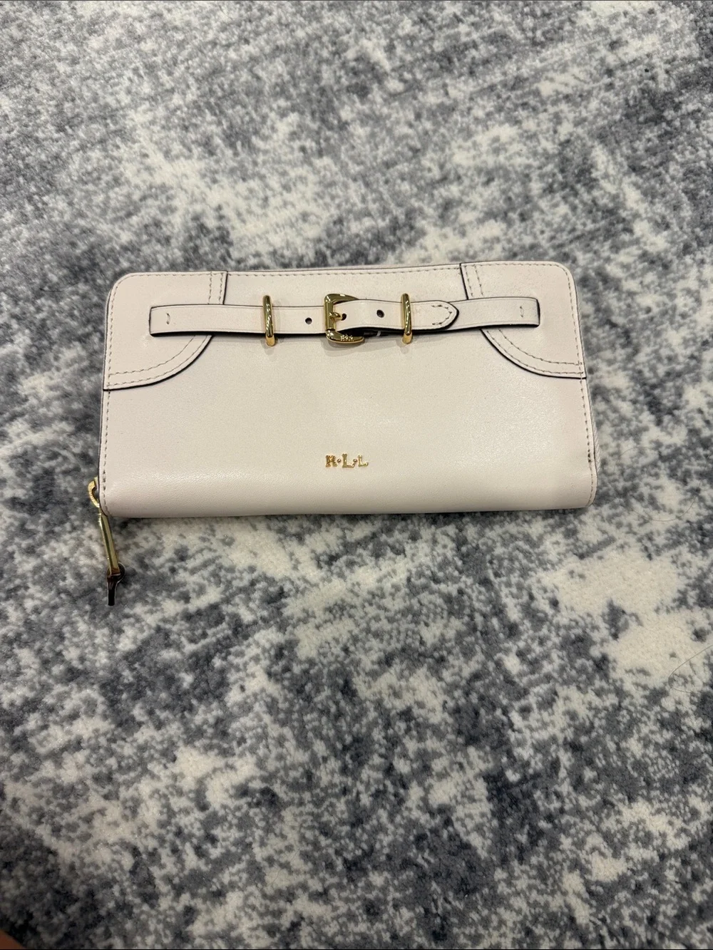 Lauren Ralph Lauren Cream Leather Zip Wallet with Gold Buckle Detail